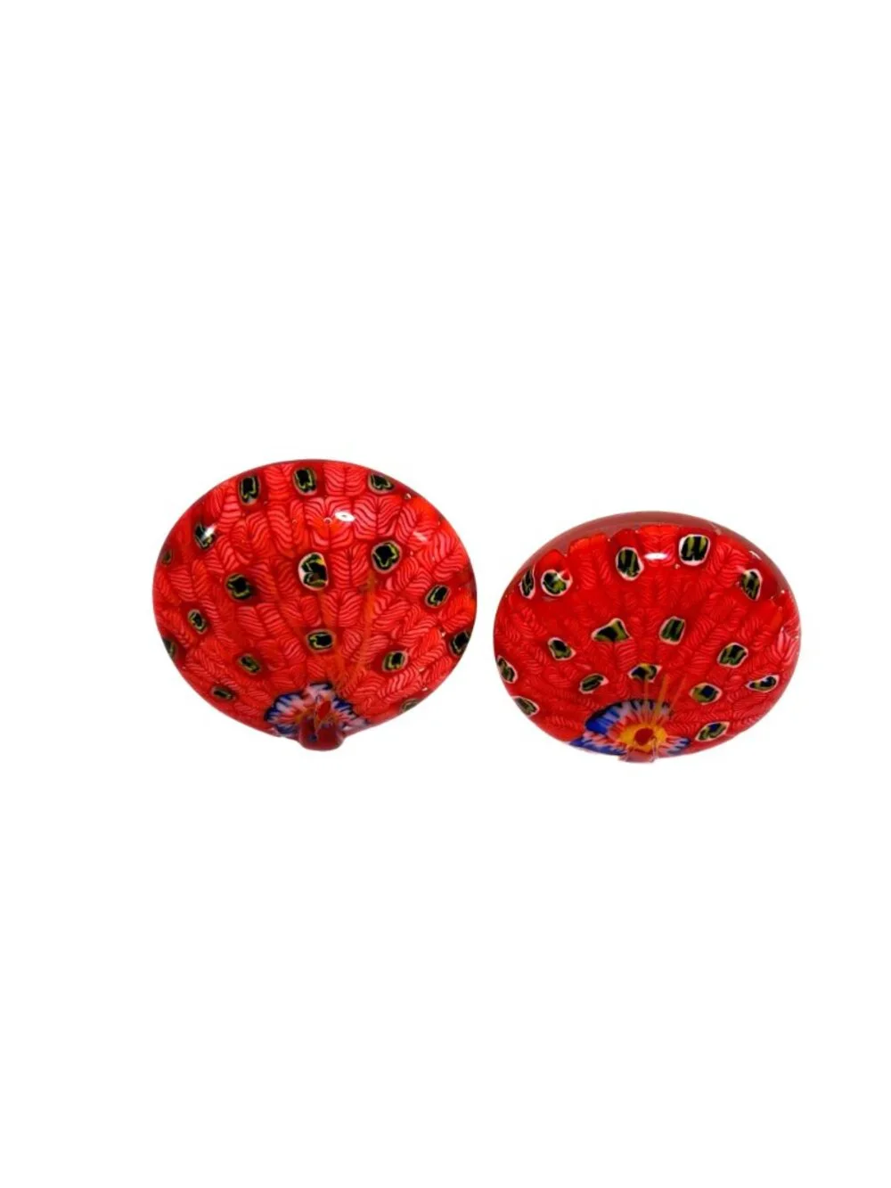 Art Glass Peacock Paperweights Red/White Multicolor Millefiori Design Set of 2